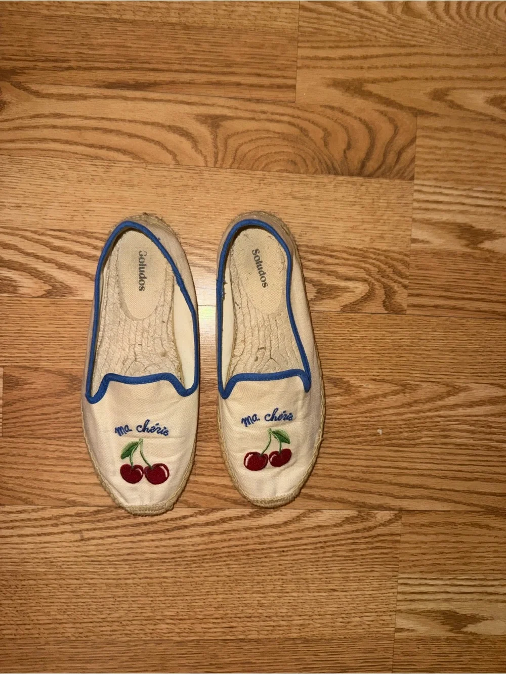 Soludos Ma Chérie Cherry Embroidered Espadrilles in White with Blue Trim
